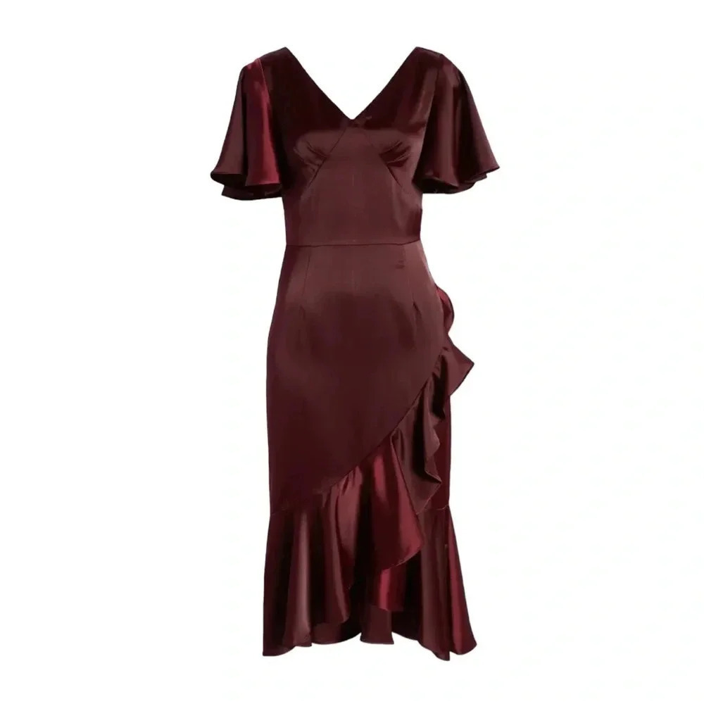 AmyLynn Amoura Ruffle Midi Dress AL2735 Burgundy Size M NWT